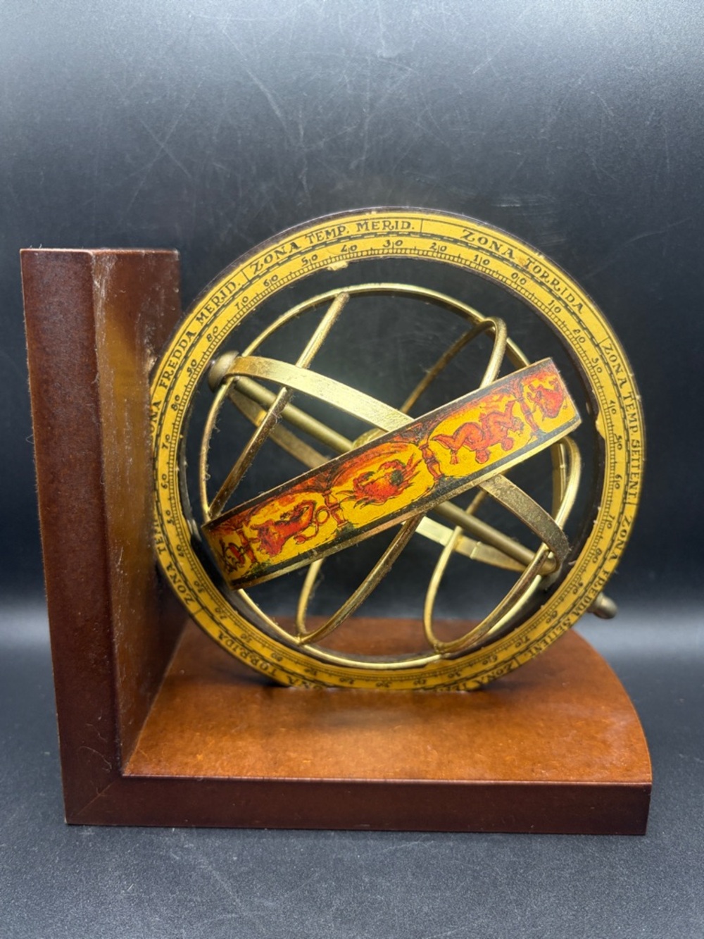 Vintage Italian Brass Armillary Sphere Zodiac Climate Zones Wooden Base Bookend